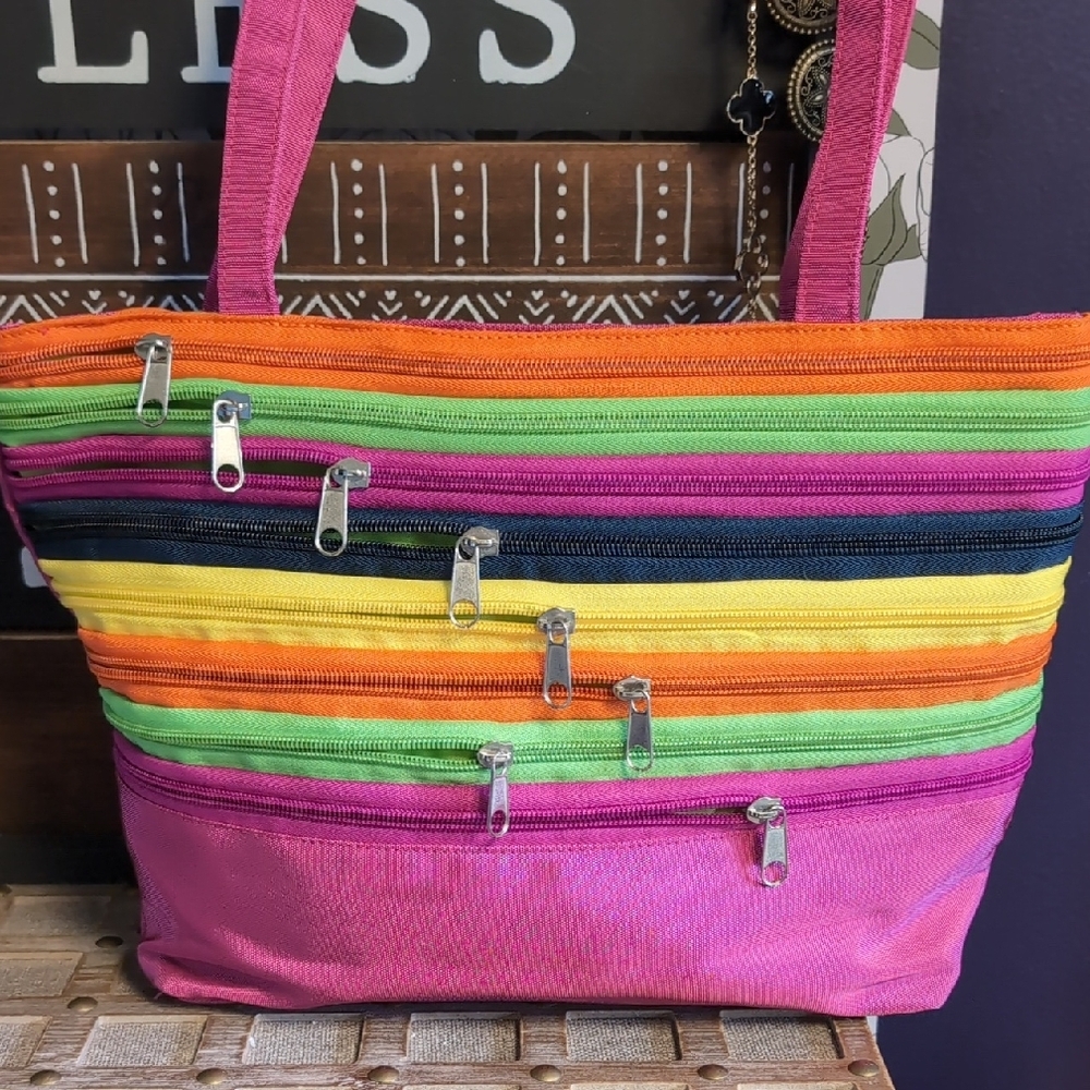 Women’s Multi Zipper Stripe Tote Bag - Pink
